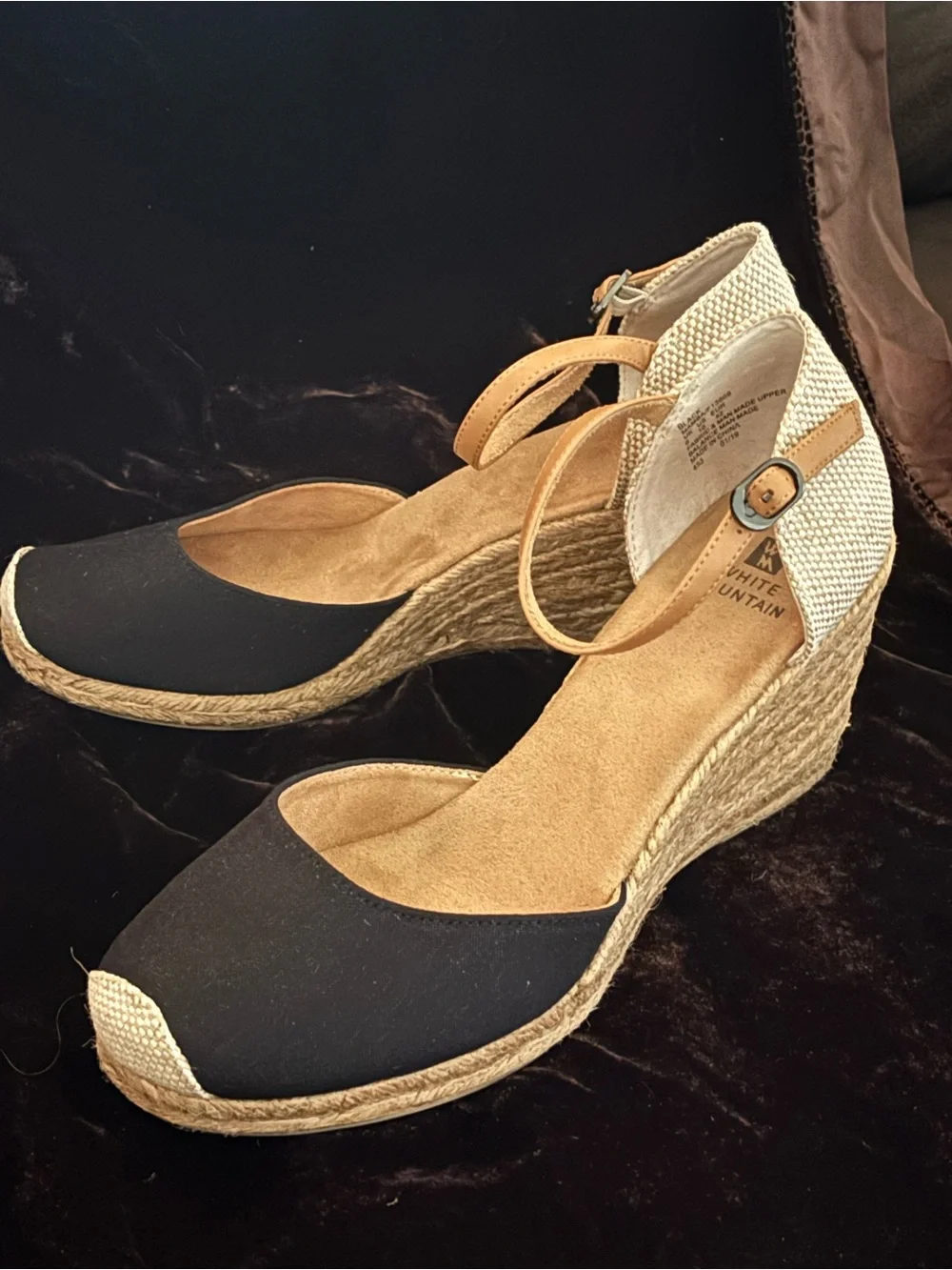 White Mountain Tan and Black Espadrille Wedge Sandals